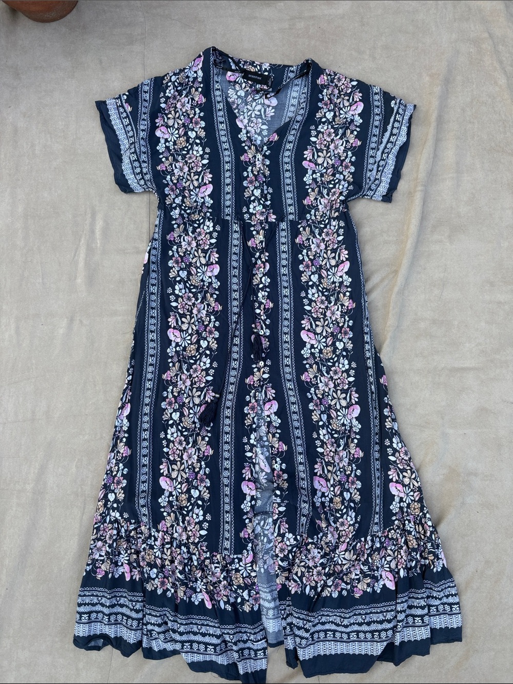 MINKPINK Navy Blue Floral Button-Front Corded SunDress Batwing Sleeve - S